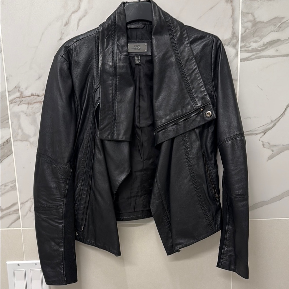 Mango Black Leather Jacket with Asymmetrical Design